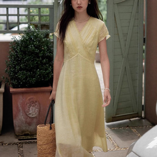 solighter 限时9折 新品 气质长裙 苎麻v领短袖 连衣裙夏季 法式