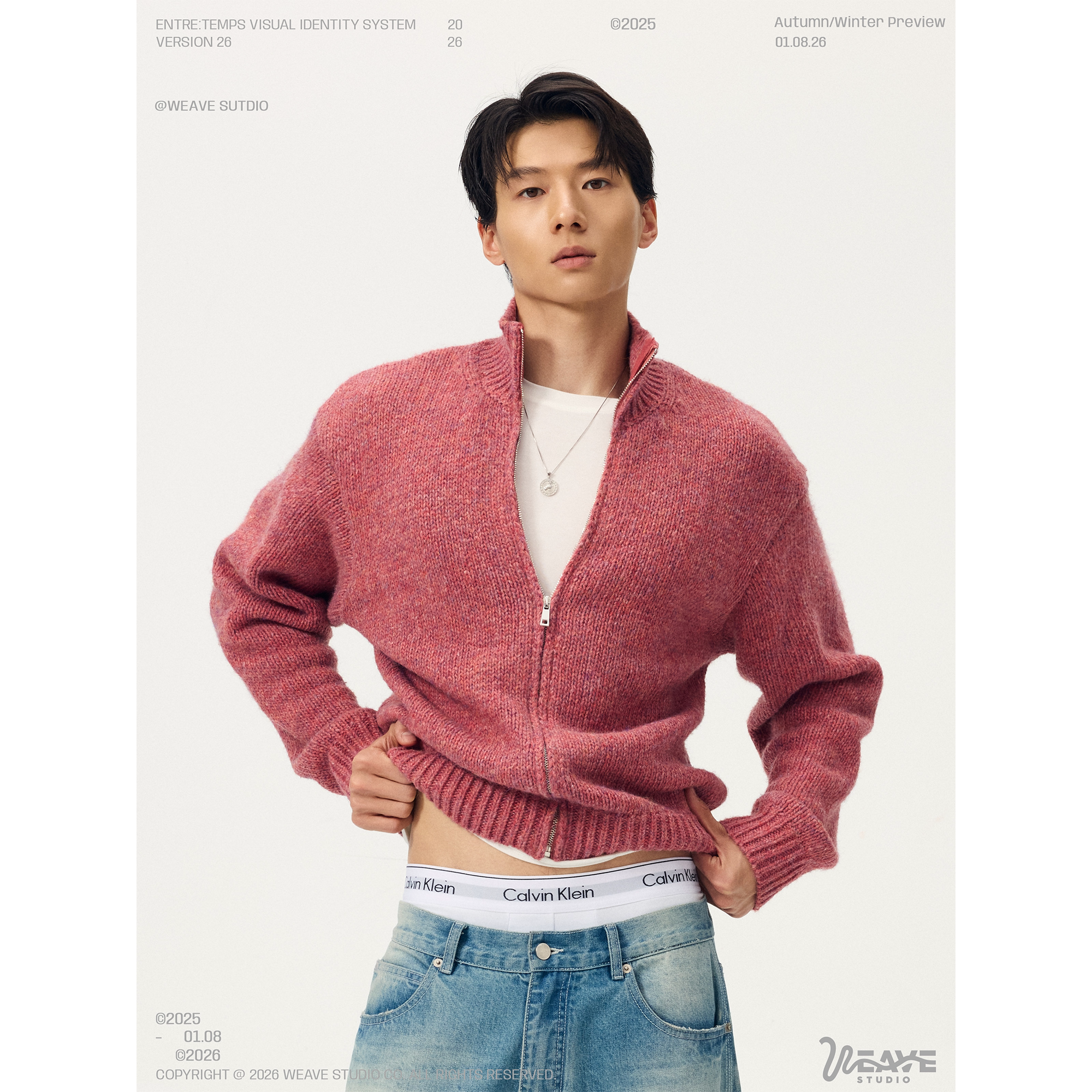 weave 早春时刻 红粉色羊毛混纺亲肤细腻立领拉链针织毛衣外套