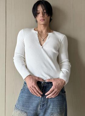 【现货】weave 白色v领针织长袖修身弹力羊毛混纺打底保暖百搭短
