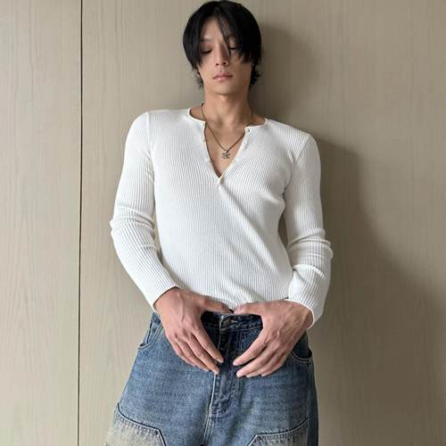 长袖打底针织衫v领羊毛混纺