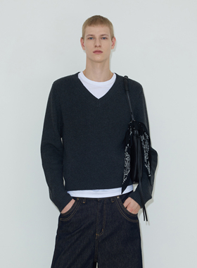 weave 静奢骨架衫 灰色垫肩v领羊毛衫毛衣时髦松弛宽松慵懒直角肩