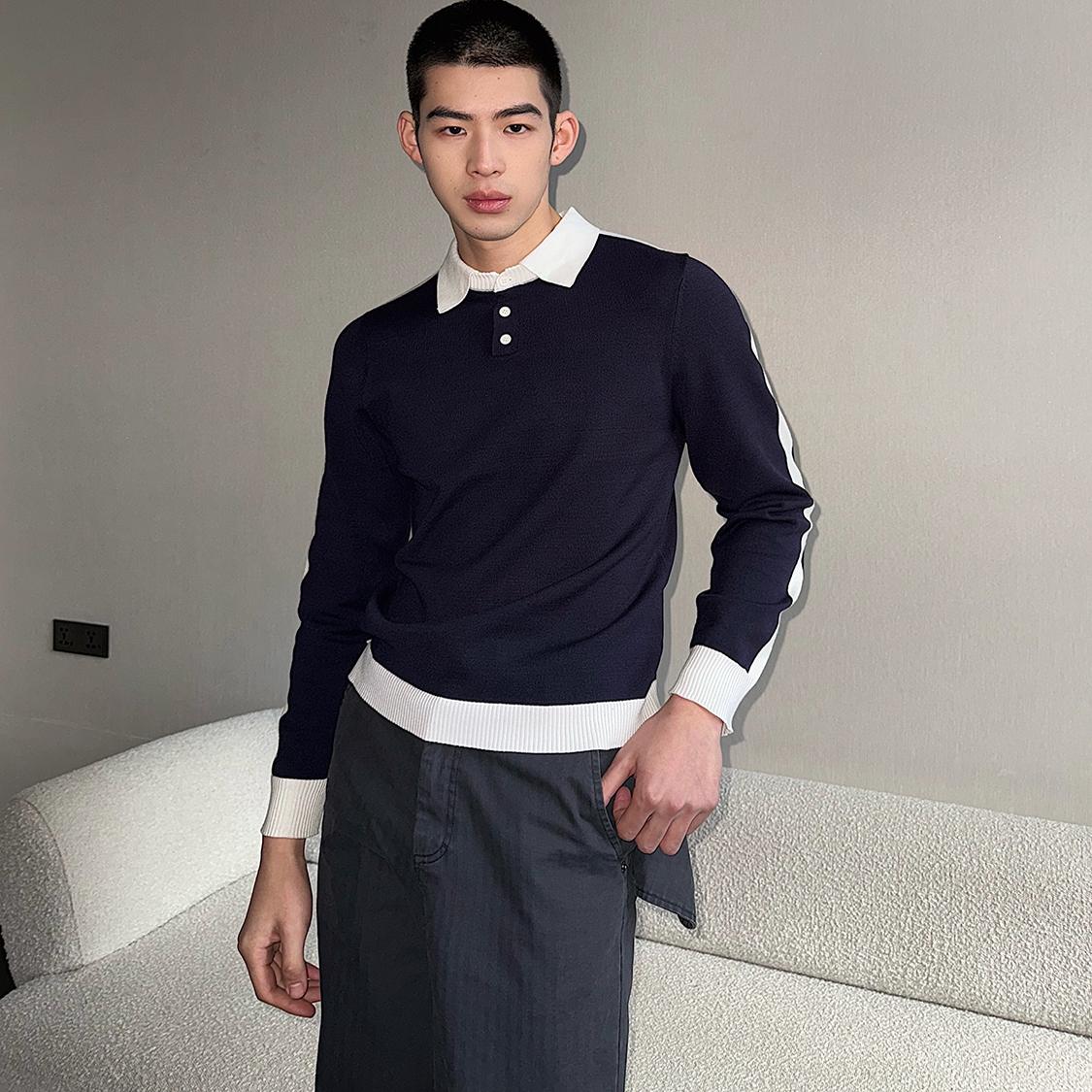 POLO棉翻领假两件毛衣藏青色