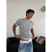 现货 weave 花灰 灰绿修身 弹力针织假两件褶皱设计感短袖