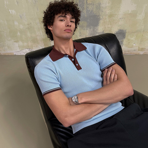 蓝色针织polo衫美式miu感