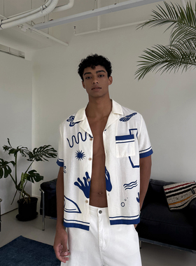 weave 假日选手 古巴领度假印花短袖衬衫男夏装外套肌理感衬衣