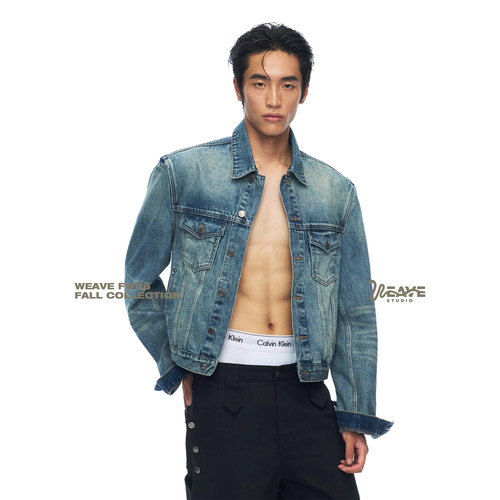 weave复古短款蓝色牛仔外套男