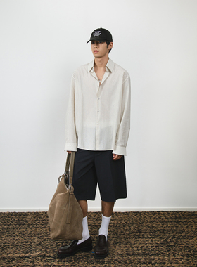 weave简设主义 复古全棉浅咖条纹衬衫男女款休闲宽松慵懒长袖衬衣