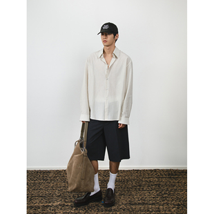 休闲宽松慵懒长袖 男女款 衬衣 复古全棉浅咖条纹衬衫 weave简设主义