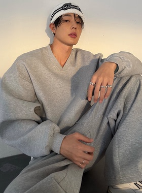 【现货】weave 花灰色可拆卸垫肩宽松套头V领时髦休闲短款卫衣