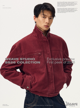 weave一年一度 美式复古红色工装夹克男廓形春季水洗立领短款外套