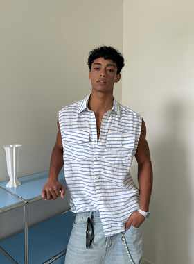 weave 夏日腔调 蓝白条纹无袖衬衫男夏季宽松薄款休闲亚麻衬衣