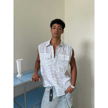 weave 夏日腔调 蓝白条纹无袖衬衫男夏季宽松薄款休闲亚麻衬衣