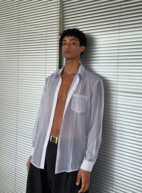 【现货】weave  蓝/灰色薄透宽松设计感飘带长袖衬衫时髦高级感