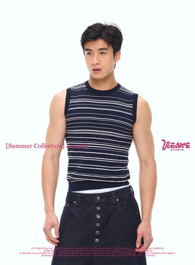 weave 黑灰/藏青拼白修身圆领背心男显身材夏季百搭无袖条纹上衣