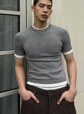 weave miu系天花板 灰白假两件纯棉修身基础打底百搭针织短袖毛衣