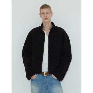 经典 weave 复古正反两穿棕咖羊羔毛麂皮宽松小立领外套 现货