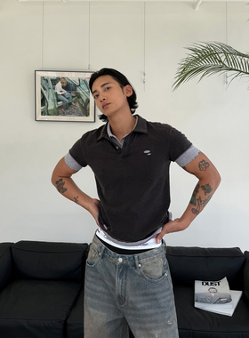 weave 叠穿天花板 灰紫色两件重工水洗vintage质感合身版短袖polo