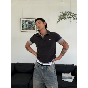 短袖 灰紫色两件重工水洗vintage质感合身版 weave polo 现货
