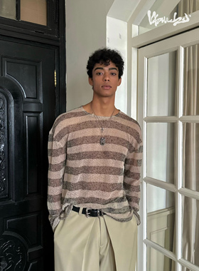 weave 慵懒自由呼吸感 棕咖镂空条纹休闲宽松长袖薄防晒罩衫T男女