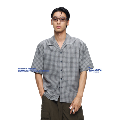 韩系短袖格子泡泡棉衬衫宽松复古