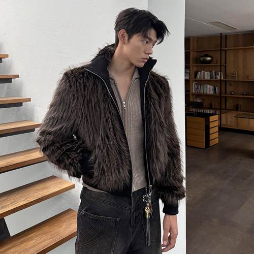 皮草外套老钱风棕色立领短款