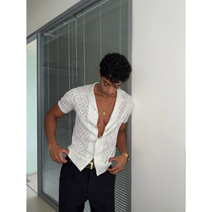 现货 老钱镂空修身 weave 针织开衫 小众短上衣 菱格古巴领短袖