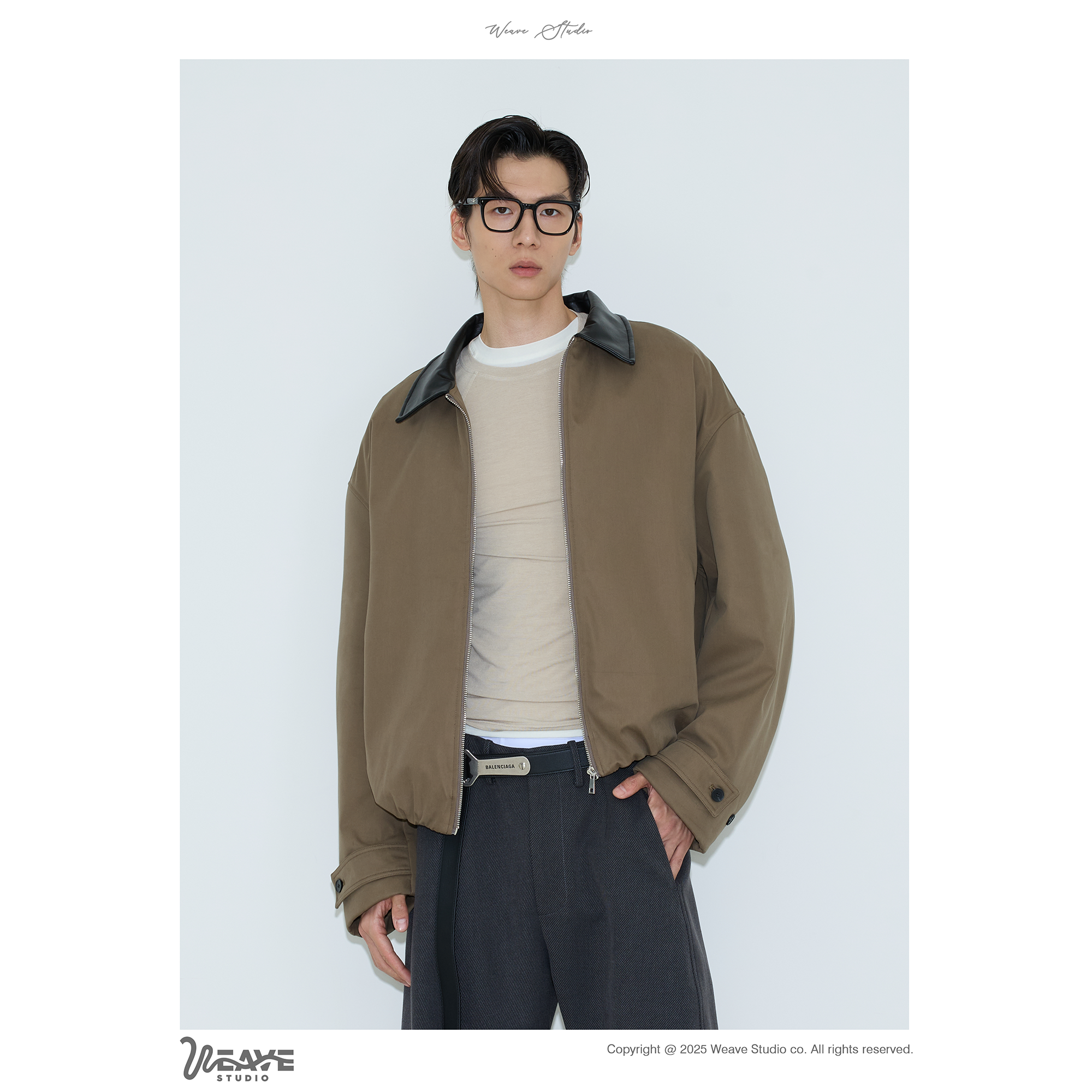 weave经典复古咖色拼皮夹克