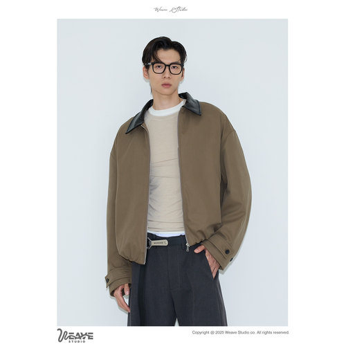 weave经典复古咖色拼皮夹克