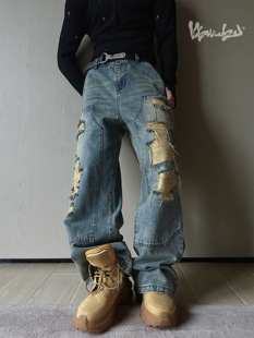 重工洗水发黄做旧蓝色牛仔长裤 现货 weave高街贴布破洞不透风