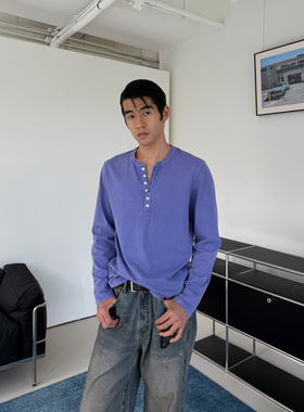 weave 时髦千禧年 蓝紫色正肩合身小众百搭全棉亨利领长袖上衣T恤