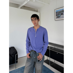 蓝紫色正肩合身小众百搭全棉亨利领长袖 weave 上衣T恤 现货