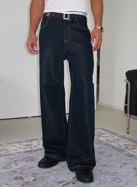 【现货】weave 黑色金线直筒牛仔裤设计感重工宽松垂感休闲长裤