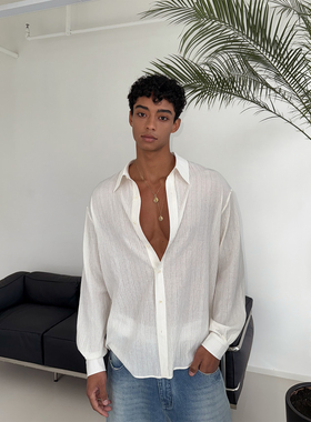 weave 沙滩日常 高级浅沙白轻薄肌理宽松休闲长袖衬衫微透褶皱男