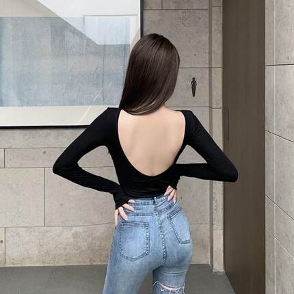 漏后背上衣女夏季三伏天晒背专用衣长袖晒太阳穿的露背衣服晒背装
