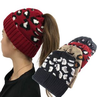 马尾帽子女冬天保暖毛线帽空顶帽冬款百搭针织豹纹扎辫子带的帽子