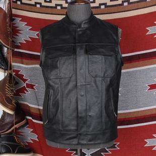 混乱之子哈雷款 拉链马甲 头层真牛皮摩托车骑行服机车摇滚立领修身