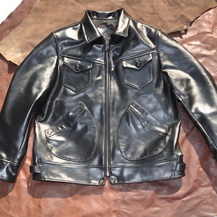门多萨 1.2mm油蜡头层马皮 翻领休闲修身机车短款夹克男真皮皮衣