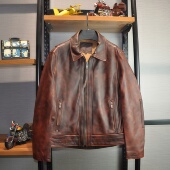 阿美咔叽美式 石磨做旧外套潮 机车短款 复古 纯头层牛皮真皮皮衣男