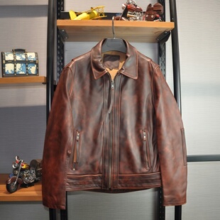 阿美咔叽美式复古 纯头层牛皮真皮皮衣男 机车短款石磨做旧外套潮