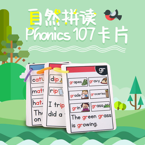 Phonics107张英语自然拼读卡片儿童英文启蒙闪卡英文发音教具点读