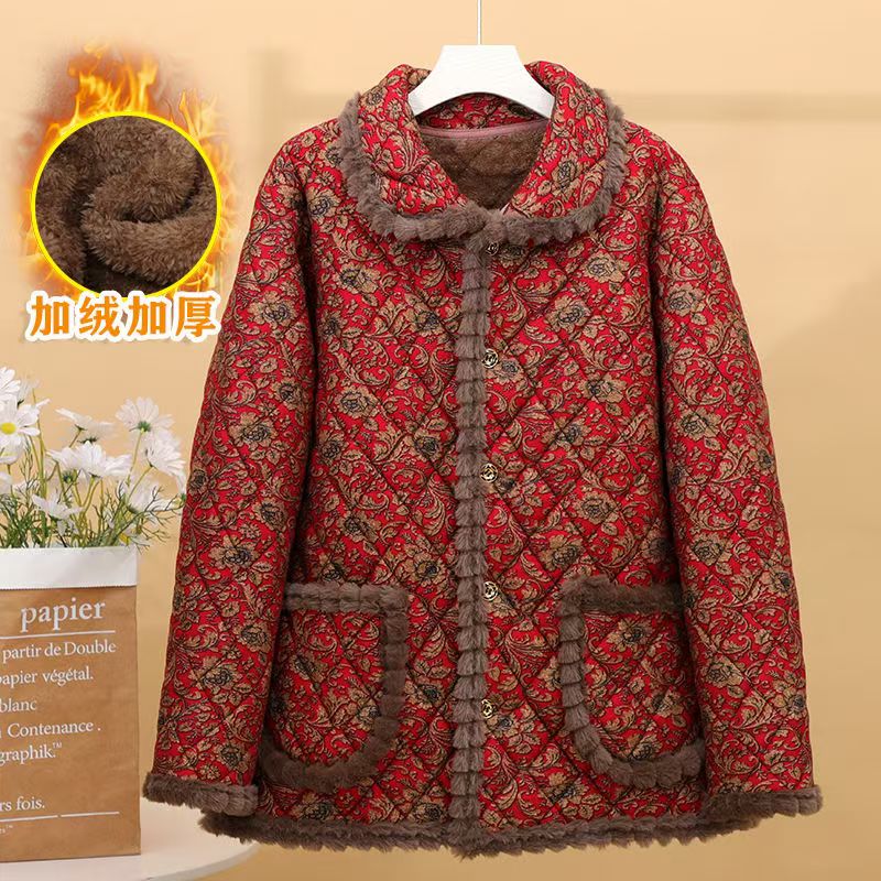 中老年妈妈加绒保暖棉衣中老年人碎花棉袄女冬装加绒加厚翻领棉衣