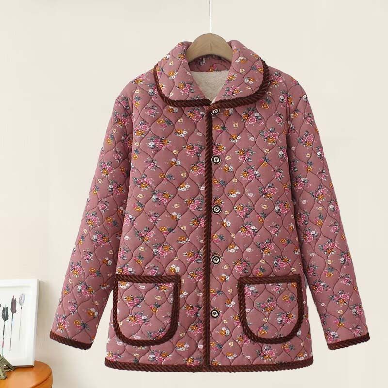 奶奶棉袄中年妈妈爆款冬装冬季时尚大码短款加绒保暖碎花翻领外套