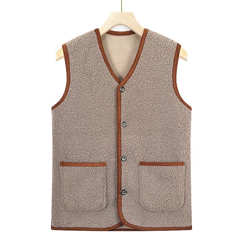 高档羊羔毛素色背心马夹马甲保暖加绒外穿V领中老年人女士妈妈装