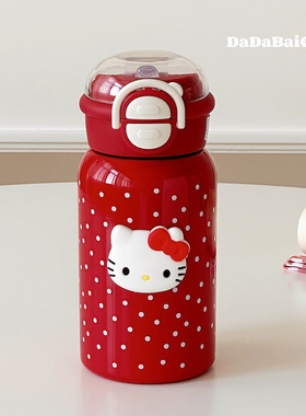 新年红色kt猫双饮保温杯女生高颜值手提水杯女士2025新款杯子吸管