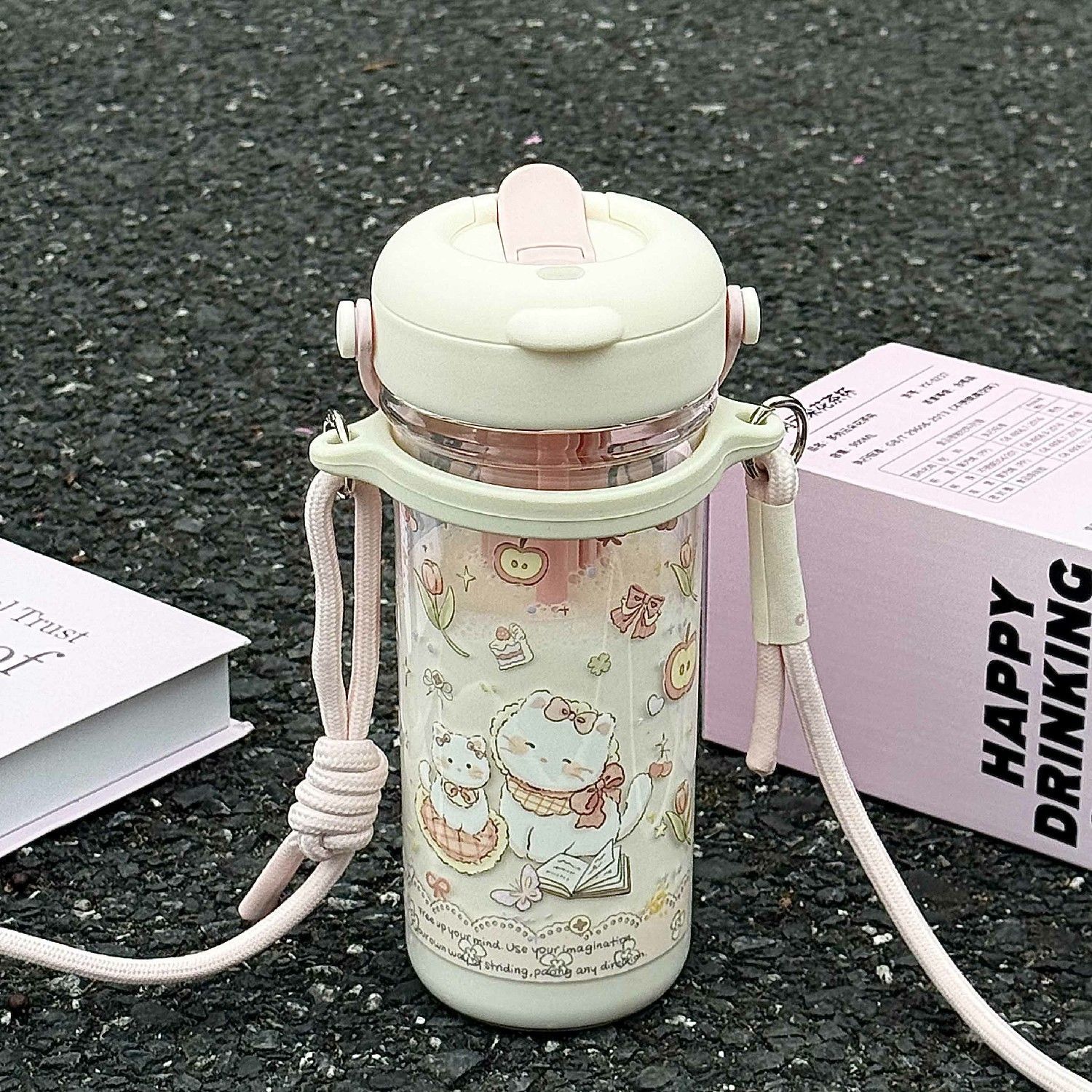 可爱水杯女生高颜值学生带吸管茶仓塑料夏天随手杯子大容量斜跨