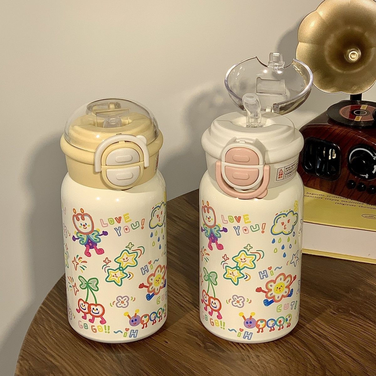 一盖双饮大容量涂鸦送女孩不锈钢