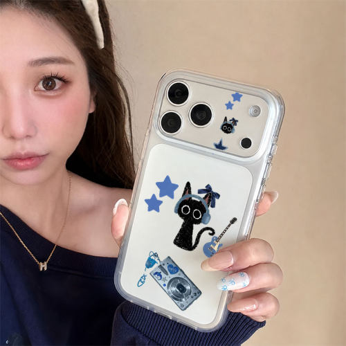 凤凤耳机黑猫适用苹果17promax手机壳iPhone16pro新款15Plus拼贴15ins风14透明天使眼小众13高级感12牛仔11