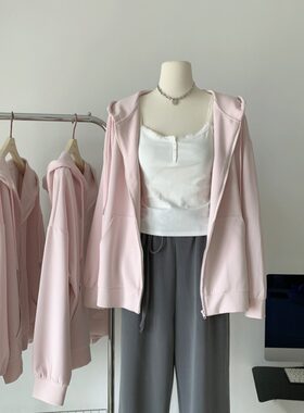 穿搭 开衫上衣女秋高克重长袖粉色连帽拉链卫衣外套