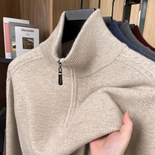新款 秋冬季 套头加厚保暖毛线衣 中青年长袖 高端半高拉链高领羊毛衫