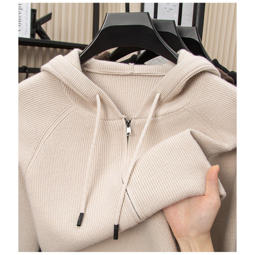高档连帽针织开衫男士秋冬季加厚保暖羊毛衫潮流休闲百搭上衣外套